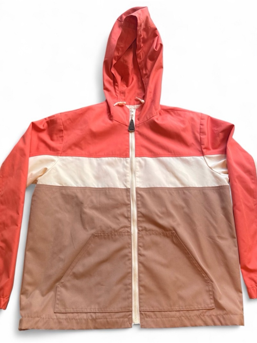 London Fog Colorblock Hooded Trench Coat in Coral, Cream & Brown